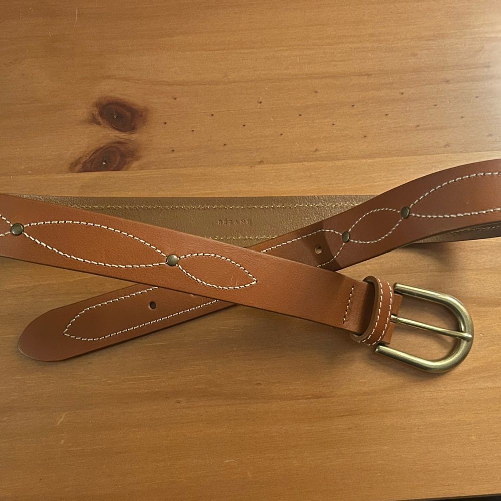 SEZANE Leather Belt with Brass Buckle